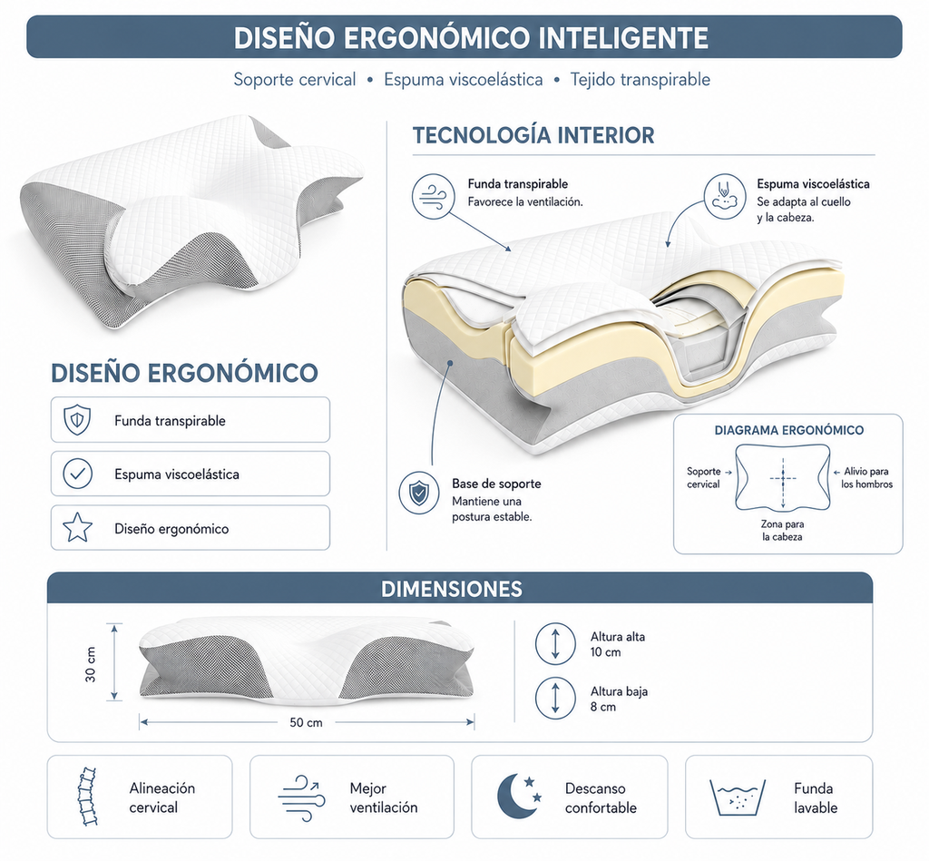 ALMOHADA CERVICAL ERGONÓMICA DE ESPUMA VISCOELÁSTICA